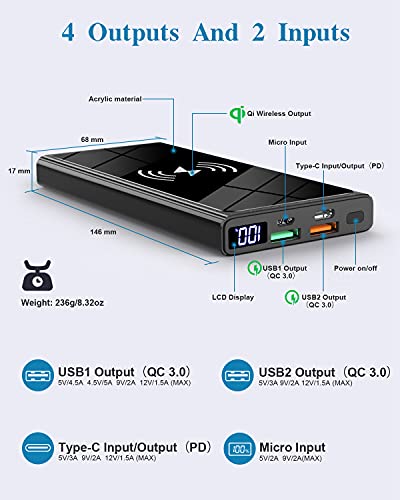 Wireless Portable Charger, 22.5W PD20W QC3.0 15W Fast Charging 10000mAh Power Bank LED Display, External Battery Pack, 2 Inputs and 4 Outputs(Qi & USB C) for iPhone Samsung Huawei iPad Headset etc