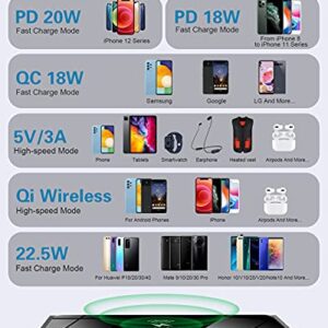 Wireless Portable Charger, 22.5W PD20W QC3.0 15W Fast Charging 10000mAh Power Bank LED Display, External Battery Pack, 2 Inputs and 4 Outputs(Qi & USB C) for iPhone Samsung Huawei iPad Headset etc