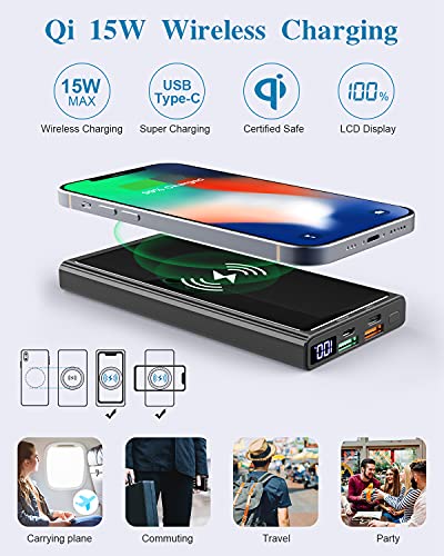 Wireless Portable Charger, 22.5W PD20W QC3.0 15W Fast Charging 10000mAh Power Bank LED Display, External Battery Pack, 2 Inputs and 4 Outputs(Qi & USB C) for iPhone Samsung Huawei iPad Headset etc