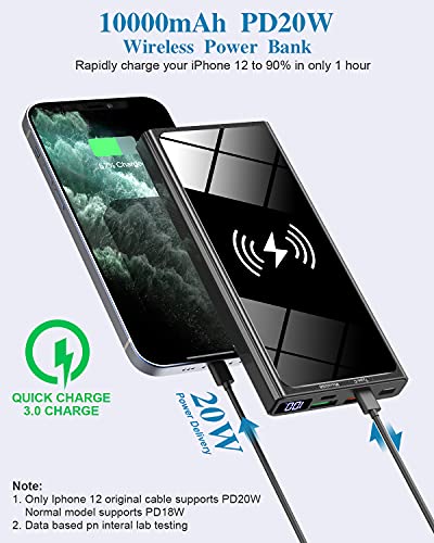 Wireless Portable Charger, 22.5W PD20W QC3.0 15W Fast Charging 10000mAh Power Bank LED Display, External Battery Pack, 2 Inputs and 4 Outputs(Qi & USB C) for iPhone Samsung Huawei iPad Headset etc