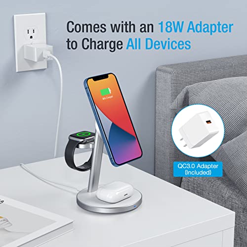 3-in-1 Magnetic Wireless Charger Stand, 18W Aluminum Alloy MagSafe Charging Station for iPhone 14 Pro/14 Pro Max /14/13/12 Series, AirPods 3/Pro/2, iWatch 8/7/ 6/SE/5/4/3/2 (with QC 3.0 Adapter)