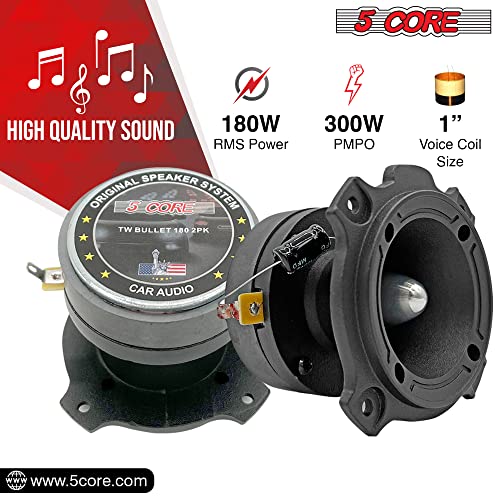 5 CORE The 2 Pieces Black 3.5 Inch Super Tweeter, 4 Ohm, 600 Watts Peak, 105 dB Bullet, 1 in Superior Voice Coil, Pro Bullet Tweeters for Car (Pair) TW Bullet 180 2PCS