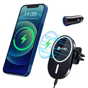 waitiee magnetic wireless car charger compatible with iphone 14/13/12 series caseless and magnetic cases with qc3.0 adapter, fast wireless car mount with secure air vent clamp, black