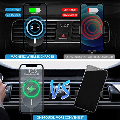 WAITIEE Magnetic Wireless Car Charger Compatible with iPhone 14/13/12 Series Caseless and Magnetic Cases with QC3.0 Adapter, Fast Wireless Car Mount with Secure Air Vent Clamp, Black