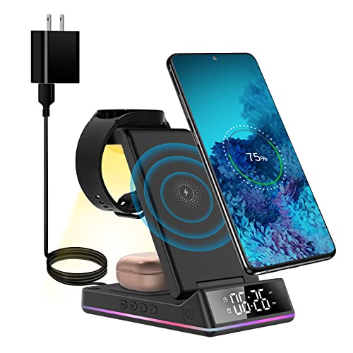 3 in 1 Wireless Charger Station Qi Fast Charger Dock with Clock/Alarm and Night Light, For Samsung Galaxy Watch 4/3/Active &Galaxy Buds 2/Pro/Live &Galaxy S22 Ultra/S21/More Qi Enabled Phones and Buds