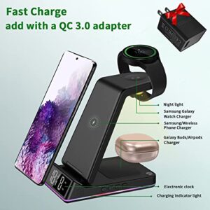 3 in 1 Wireless Charger Station Qi Fast Charger Dock with Clock/Alarm and Night Light, For Samsung Galaxy Watch 4/3/Active &Galaxy Buds 2/Pro/Live &Galaxy S22 Ultra/S21/More Qi Enabled Phones and Buds