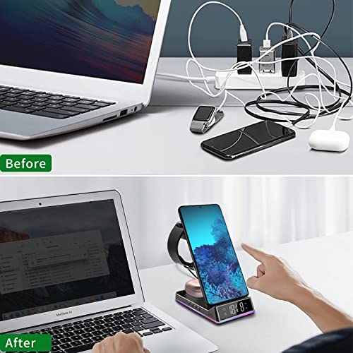 3 in 1 Wireless Charger Station Qi Fast Charger Dock with Clock/Alarm and Night Light, For Samsung Galaxy Watch 4/3/Active &Galaxy Buds 2/Pro/Live &Galaxy S22 Ultra/S21/More Qi Enabled Phones and Buds