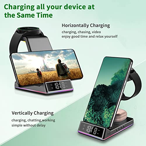 3 in 1 Wireless Charger Station Qi Fast Charger Dock with Clock/Alarm and Night Light, For Samsung Galaxy Watch 4/3/Active &Galaxy Buds 2/Pro/Live &Galaxy S22 Ultra/S21/More Qi Enabled Phones and Buds