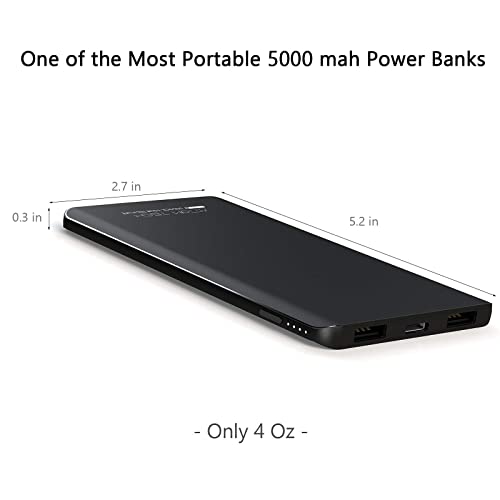 Attom Tech Triple USB Outputs Super Slim Power Bank Ultra Thin, 5000mAh Mini Portable Charger External Phone Battery Pack Small Dual USB Outlet, Emergency Phone Power Backup