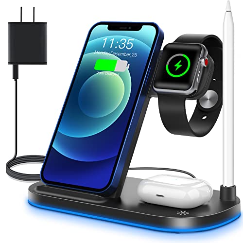 WAITIEE Wireless Charging Station 4 in 1,Charging Dock Station Compatible with Apple iWatch SE 7 6 5 4 3 2, AirPods Pro and Pencil, 15W Fast Wireless Charger for iPhone 13 Pro,12,11,11 Pro Max, XR, XS