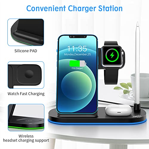 WAITIEE Wireless Charging Station 4 in 1,Charging Dock Station Compatible with Apple iWatch SE 7 6 5 4 3 2, AirPods Pro and Pencil, 15W Fast Wireless Charger for iPhone 13 Pro,12,11,11 Pro Max, XR, XS