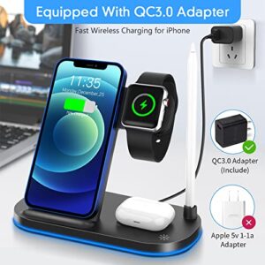 WAITIEE Wireless Charging Station 4 in 1,Charging Dock Station Compatible with Apple iWatch SE 7 6 5 4 3 2, AirPods Pro and Pencil, 15W Fast Wireless Charger for iPhone 13 Pro,12,11,11 Pro Max, XR, XS