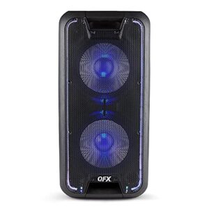 qfx pbx-100 portable rechargeable bluetooth speaker with led party lights, dual 10 in. woofers, tws, fm radio, handles and wheels