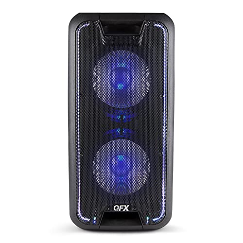 QFX PBX-100 Portable Rechargeable Bluetooth Speaker with LED Party Lights, Dual 10 in. Woofers, TWS, FM Radio, Handles and Wheels