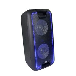 QFX PBX-100 Portable Rechargeable Bluetooth Speaker with LED Party Lights, Dual 10 in. Woofers, TWS, FM Radio, Handles and Wheels