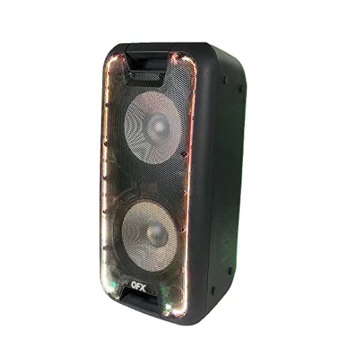 QFX PBX-100 Portable Rechargeable Bluetooth Speaker with LED Party Lights, Dual 10 in. Woofers, TWS, FM Radio, Handles and Wheels