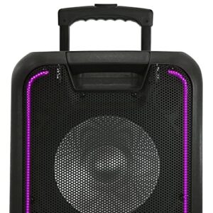 QFX PBX-100 Portable Rechargeable Bluetooth Speaker with LED Party Lights, Dual 10 in. Woofers, TWS, FM Radio, Handles and Wheels