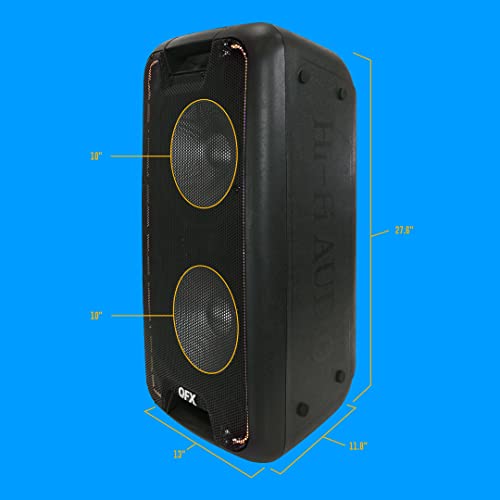 QFX PBX-100 Portable Rechargeable Bluetooth Speaker with LED Party Lights, Dual 10 in. Woofers, TWS, FM Radio, Handles and Wheels