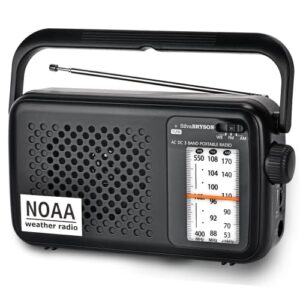 silvabryson noaa weather portable transistor radio,emergency am/fm radio plug in wall or operated by 2 x d batteries with big speaker, best reception, large tuning knob, clear dial, earphone jack
