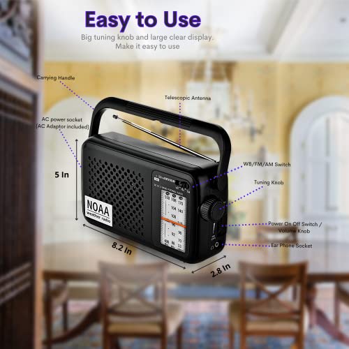 SilvaBRYSON NOAA Weather Portable Transistor Radio,Emergency AM/FM Radio Plug in Wall or Operated by 2 x D Batteries with Big Speaker, Best Reception, Large Tuning Knob, Clear Dial, Earphone Jack