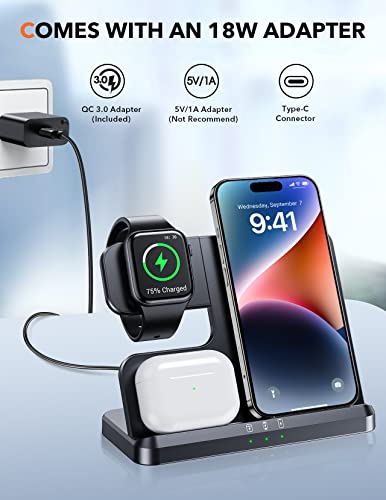 LK Wireless Charging Station 3 in 1 Wireless Charger Stand Docking Station Compatible for iPhone 14/13/12/11 Pro Max/XR/XS/8, AirPods Pro/3/2, Apple Watch Ultra/8/SE/7/6/5/4