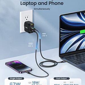 65W USB C Charger, AOHI 2 Ports 67W USB C GaN Charger Power Adapter, PPS Foldable Compact PD Fast Wall Charger with 4ft USB-C Display Cable for MacBook Pro/Air, iPhone 14, iPad Pro,Galaxy, Steam Deck