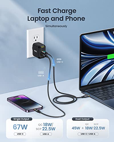 65W USB C Charger, AOHI 2 Ports 67W USB C GaN Charger Power Adapter, PPS Foldable Compact PD Fast Wall Charger with 4ft USB-C Display Cable for MacBook Pro/Air, iPhone 14, iPad Pro,Galaxy, Steam Deck