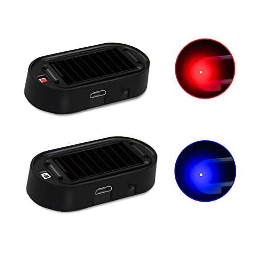 ANKIA 2PCS Solar Power Fake Car Alarm LED Light, Simulated Dummy Warning Anti-Theft LED Flashing Security Light, Car Alarm System Lamp with USB Port, Blue & Red Light (Black)