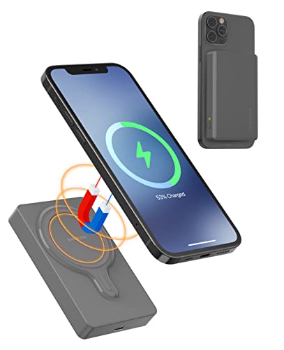 myCharge Portable Charger iPhone 14, 13, 12 & Mag Safe Cases - MagLock 6000mAh Wireless Magnetic Power Bank - Compatible with MagSafe Battery Pack, USB C Cable Input/Output - Graphite