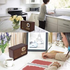 LoopTone FM AM Radio Retro Wood Radio with Bluetooth Play Mp3 and Antenna Built in Speaker for Kitchen Living Room