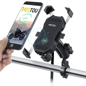 imestou auto clamping motorcycle phone mount charger wireless qi & usb quick charging 2 in 1 handlebar cell phone holder 9cm stem 1″ ball mount 720 rotation quick release for 3.5-6.8 inch smartphone