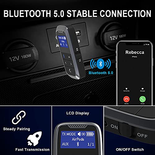 Ainostone Bluetooth 5.0 Transmitter Receiver 2-in-1 Bluetooth Adapter 3.5mm Aux Rechargeable Music Stream Handsfree Calls, Wireless Audio Adapter with LCD Screnn for Car Headphone Stereo TV Airplane