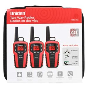 uniden sx409-3vp, 3-pack, frs two-way-radios, walkie talkies, up to 40 mile range, w/carrying case, splash proof jis4, built-in led flashlight, includes multitool, thermal blanket, and fire starter