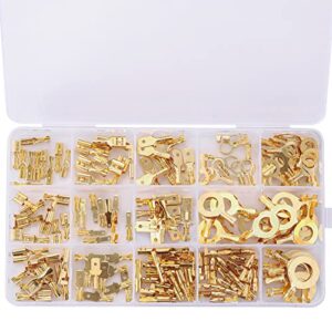teansic quick splice connector kit, 180pcs 2.8/4.8/6.3mm male and female wire spade connector copper ring terminal assortment kit for electrical wiring car audio speaker