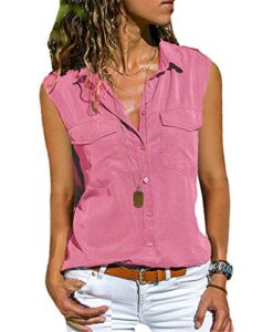 andongnywell women’s casual lapel sleeveless cardigan shirt pocket solid color summer buttons blouse (pink,8,5x-large)