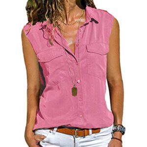 Andongnywell Women's Casual Lapel Sleeveless Cardigan Shirt Pocket Solid Color Summer Buttons Blouse (Pink,8,5X-Large)