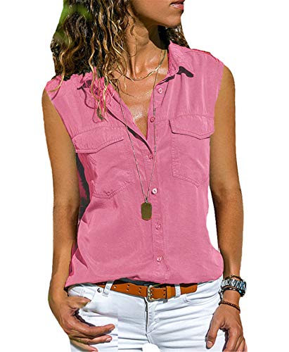 Andongnywell Women's Casual Lapel Sleeveless Cardigan Shirt Pocket Solid Color Summer Buttons Blouse (Pink,8,5X-Large)