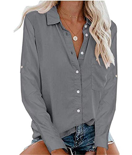 Andongnywell Women's Solid Color Long Sleeve V Neck Blouses Tops Button Cardigan Shirts V-Neck Button Shirt (Gray,8,5X-Large)