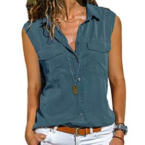 Andongnywell Women's Sleeveless Solid Color Button Shirts Simple Buttons Cardigan Formal Casual Shirt Blouse (Blue,6,3X-Large)