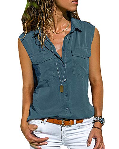 Andongnywell Women's Sleeveless Solid Color Button Shirts Simple Buttons Cardigan Formal Casual Shirt Blouse (Blue,6,3X-Large)