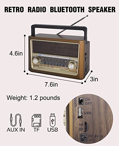 Videyas AM FM Retro Radio, Portable Vintage Shortwave Radio with Bluetooth Speaker, Flashlight, Rechargeable Battery, USB Disk Aux Input, TF Card for Gift Home Outdoor