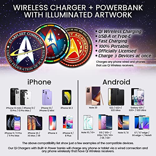 Star Trek Qi Wireless Charger with Built-in Backup Battery Pack for Wired and Wireless Charging. Portable Wireless Phone Charger with Starfleet Illuminated Logo. StarTrek Gifts, Collectibles, Gadgets