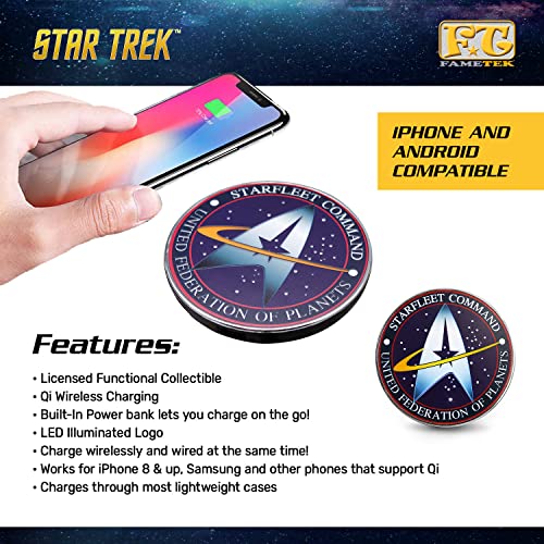 Star Trek Qi Wireless Charger with Built-in Backup Battery Pack for Wired and Wireless Charging. Portable Wireless Phone Charger with Starfleet Illuminated Logo. StarTrek Gifts, Collectibles, Gadgets