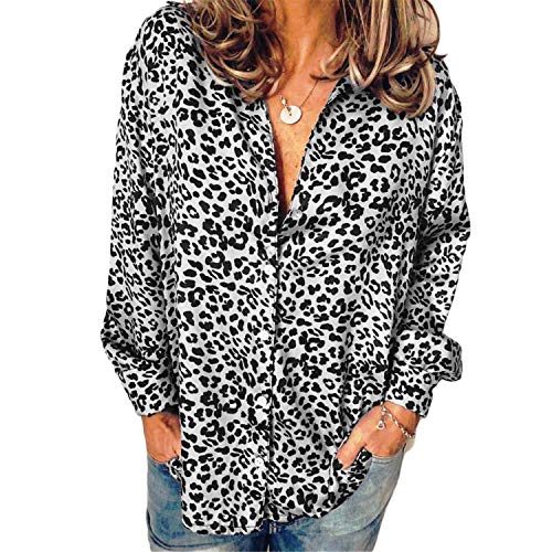 Andongnywell Women's Casual Leopard Print V Neck Long Sleeve Button Long Sleeve Blouse t Shirts for Ladies (White,1,Small)