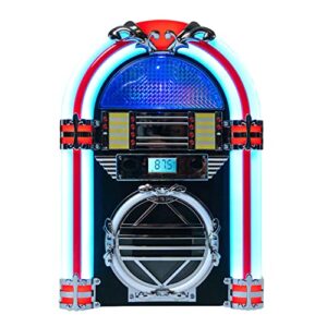 victor broadway desktop bluetooth jukebox with cd player, fm radio, built-in stereo speakers, and color changing led lighting, black