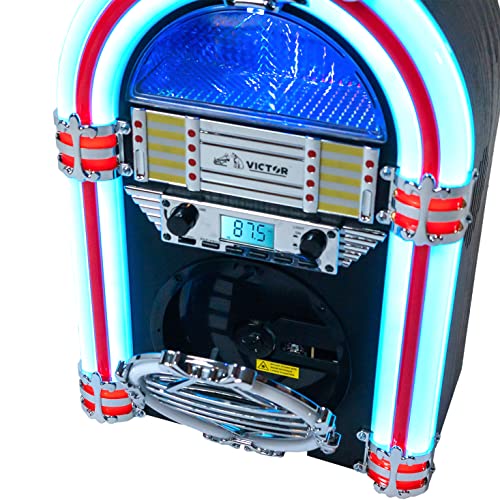 VICTOR Broadway Desktop Bluetooth Jukebox with CD Player, FM Radio, Built-in Stereo Speakers, and Color Changing LED Lighting, Black