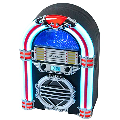 VICTOR Broadway Desktop Bluetooth Jukebox with CD Player, FM Radio, Built-in Stereo Speakers, and Color Changing LED Lighting, Black