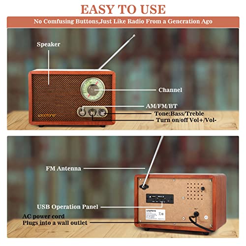 LoopTone USB SD Multifunction AM FM Vintage Radio with Bluetooth Speaker,Retro Wood Table Radio for Kitchen Living Room with Rotary Knob