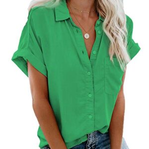 Andongnywell Womens Short Sleeve Button Down Shirts Simple Pullover Stretch Formal Casual Shirt Blouse (Green,3,Large)