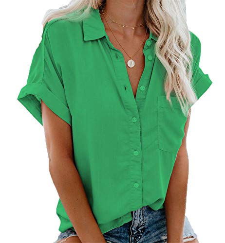 Andongnywell Womens Short Sleeve Button Down Shirts Simple Pullover Stretch Formal Casual Shirt Blouse (Green,3,Large)